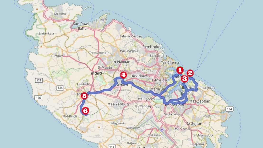 Sur cette carte, tu peux voir l'itinéraire optimal pour une visite guidée de Game of Thones à Malte.